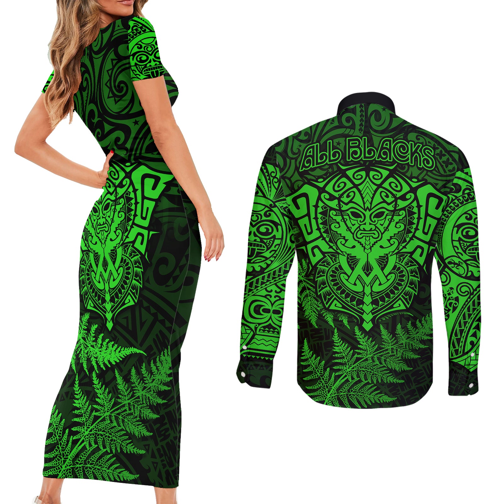 new-zealand-rugby-couples-matching-short-sleeve-bodycon-dress-and-long-sleeve-button-shirts-silver-fern-all-black-mix-ta-moko-green-style