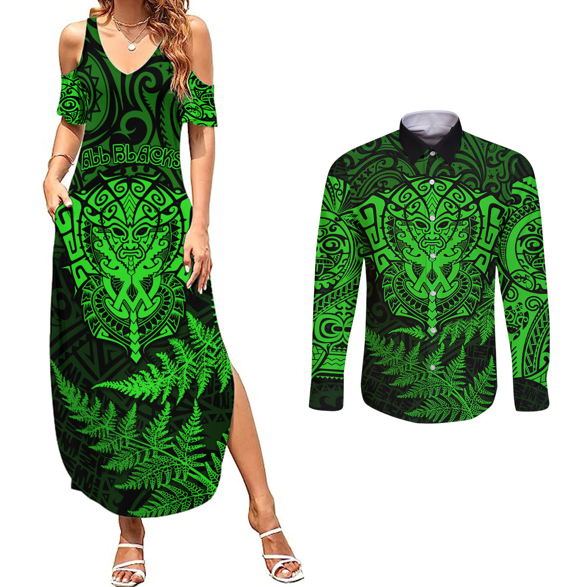 new-zealand-rugby-couples-matching-summer-maxi-dress-and-long-sleeve-button-shirts-silver-fern-all-black-mix-ta-moko-green-style