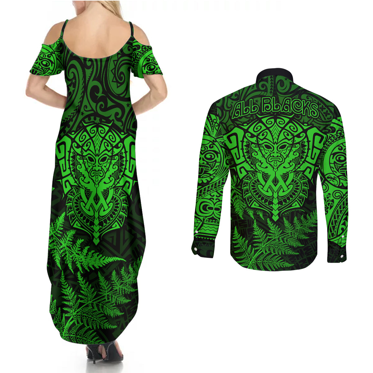new-zealand-rugby-couples-matching-summer-maxi-dress-and-long-sleeve-button-shirts-silver-fern-all-black-mix-ta-moko-green-style