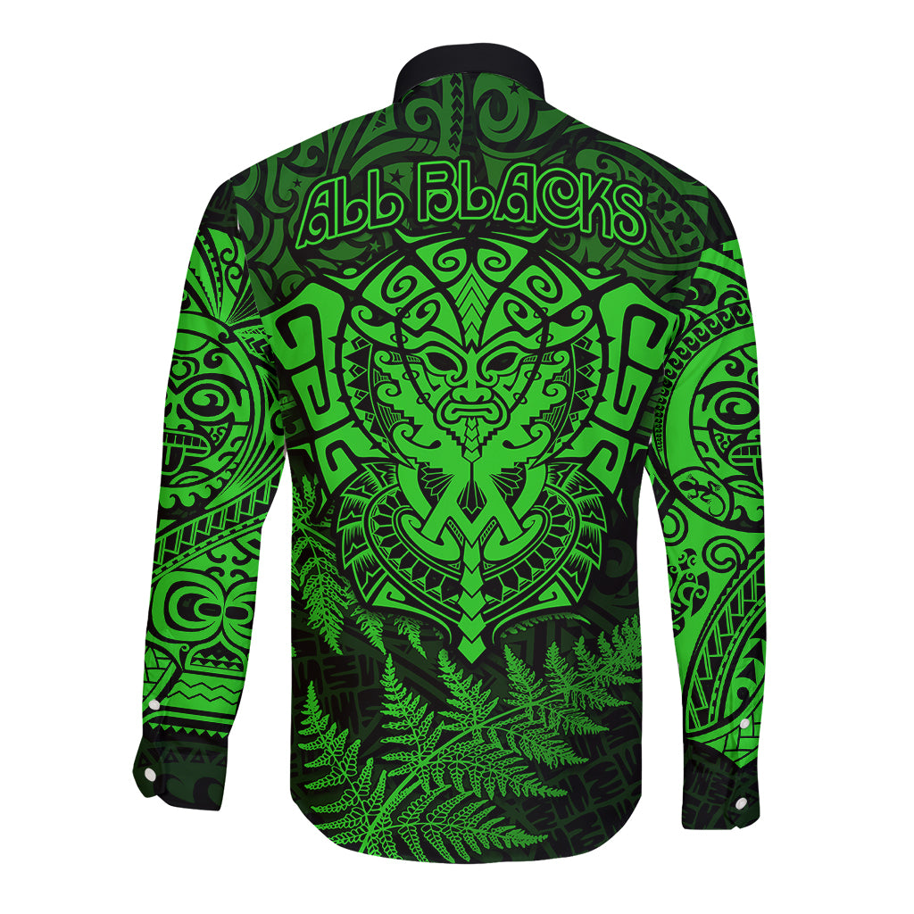 New Zealand Rugby Long Sleeve Button Shirt Silver Fern All Black Mix Ta Moko Green Style - Vibe Hoodie Shop