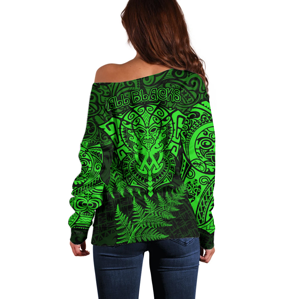New Zealand Rugby Off Shoulder Sweater Silver Fern All Black Mix Ta Moko Green Style - Vibe Hoodie Shop