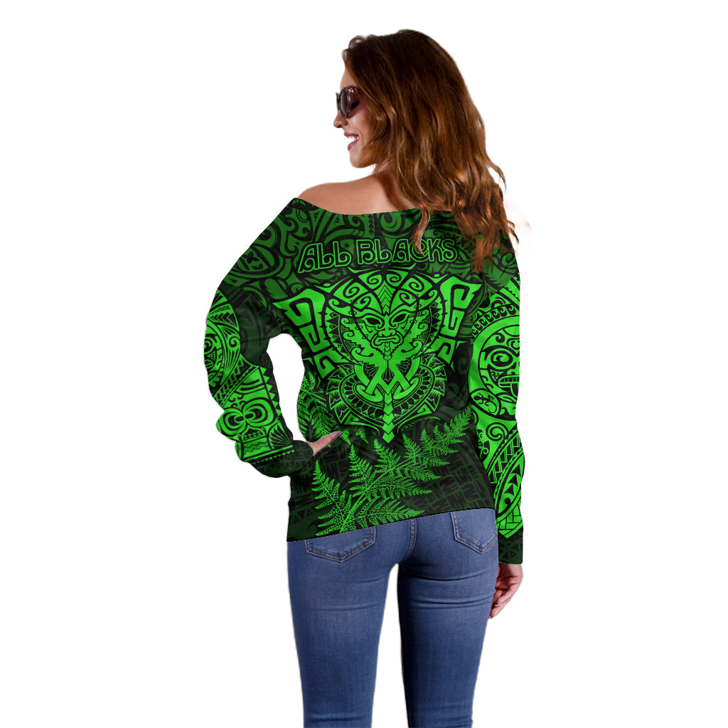 New Zealand Rugby Off Shoulder Sweater Silver Fern All Black Mix Ta Moko Green Style - Vibe Hoodie Shop