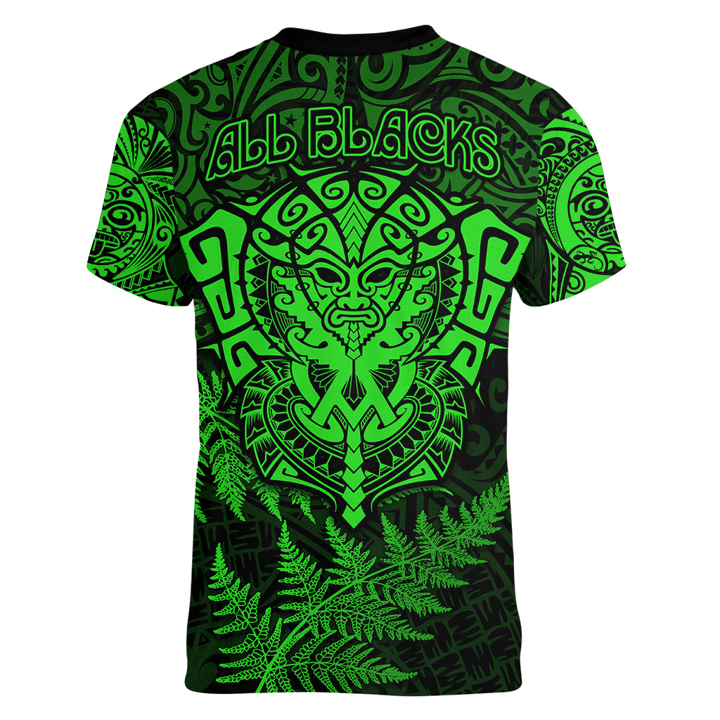 New Zealand Rugby Women V Neck T Shirt Silver Fern All Black Mix Ta Moko Green Style - Vibe Hoodie Shop