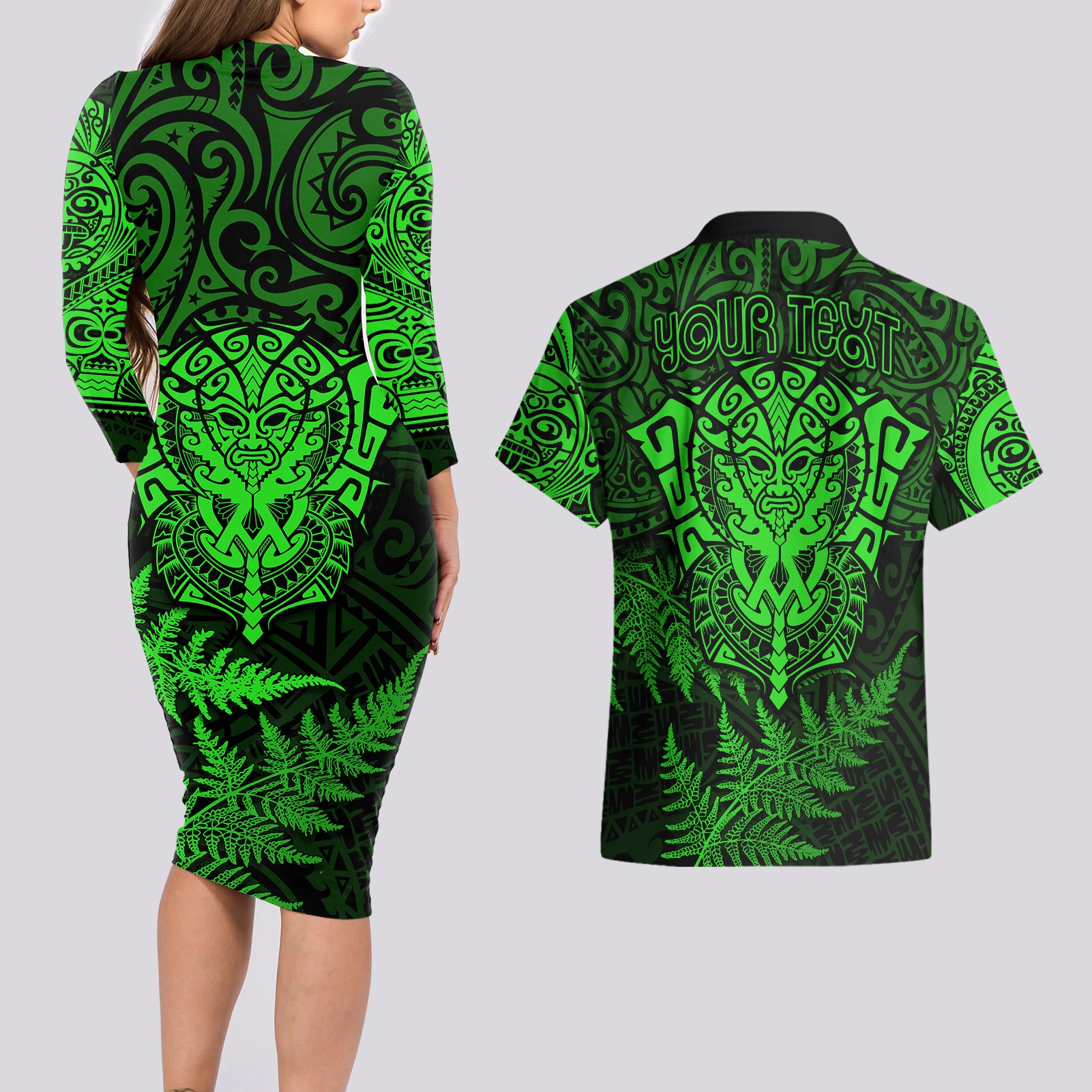 new-zealand-rugby-couples-matching-long-sleeve-bodycon-dress-and-hawaiian-shirt-silver-fern-all-black-mix-ta-moko-green-style