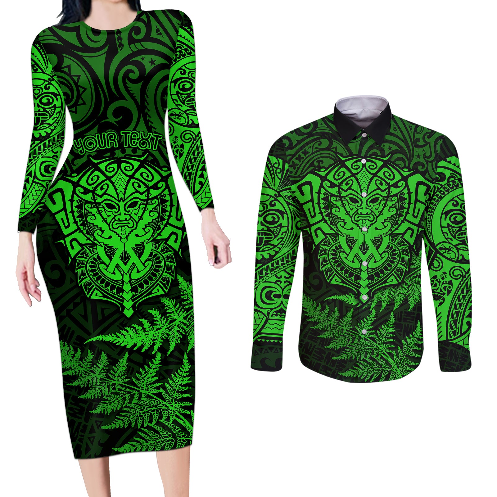 new-zealand-rugby-couples-matching-long-sleeve-bodycon-dress-and-long-sleeve-button-shirts-silver-fern-all-black-mix-ta-moko-green-style