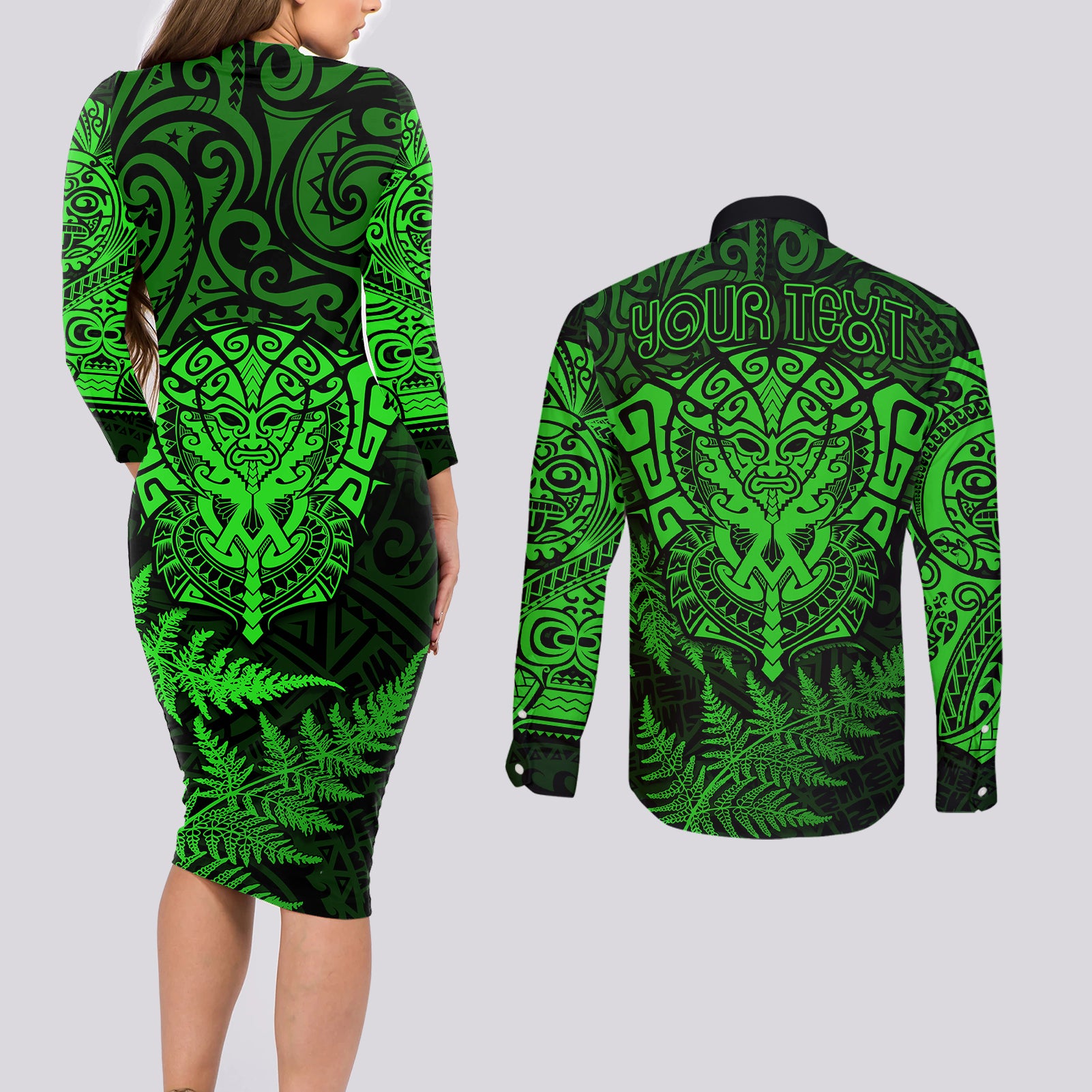 new-zealand-rugby-couples-matching-long-sleeve-bodycon-dress-and-long-sleeve-button-shirts-silver-fern-all-black-mix-ta-moko-green-style