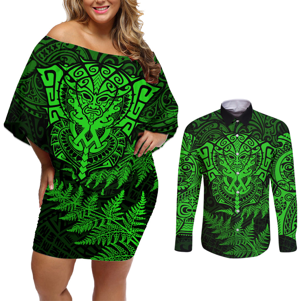 new-zealand-rugby-couples-matching-off-shoulder-short-dress-and-long-sleeve-button-shirts-silver-fern-all-black-mix-ta-moko-green-style