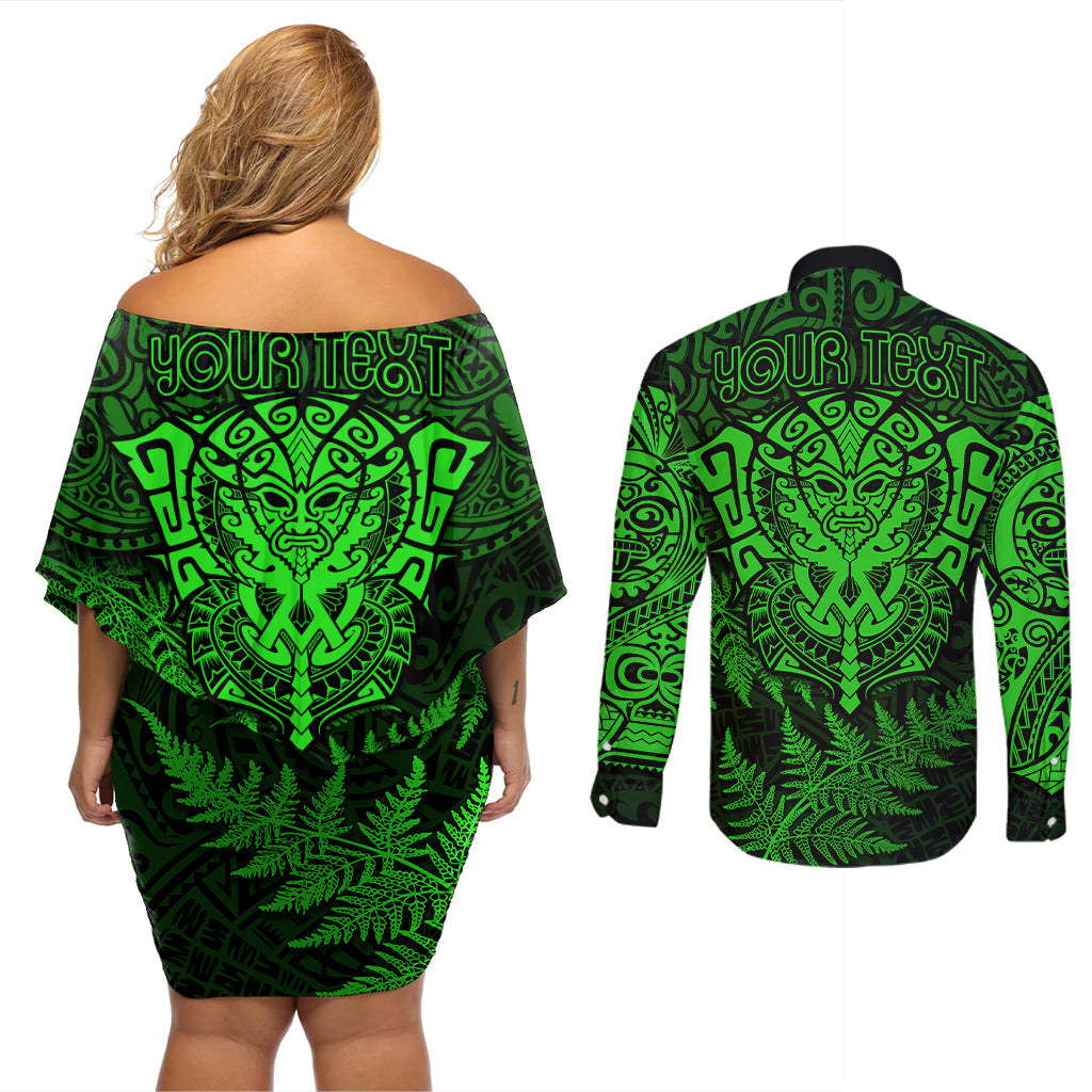 new-zealand-rugby-couples-matching-off-shoulder-short-dress-and-long-sleeve-button-shirts-silver-fern-all-black-mix-ta-moko-green-style