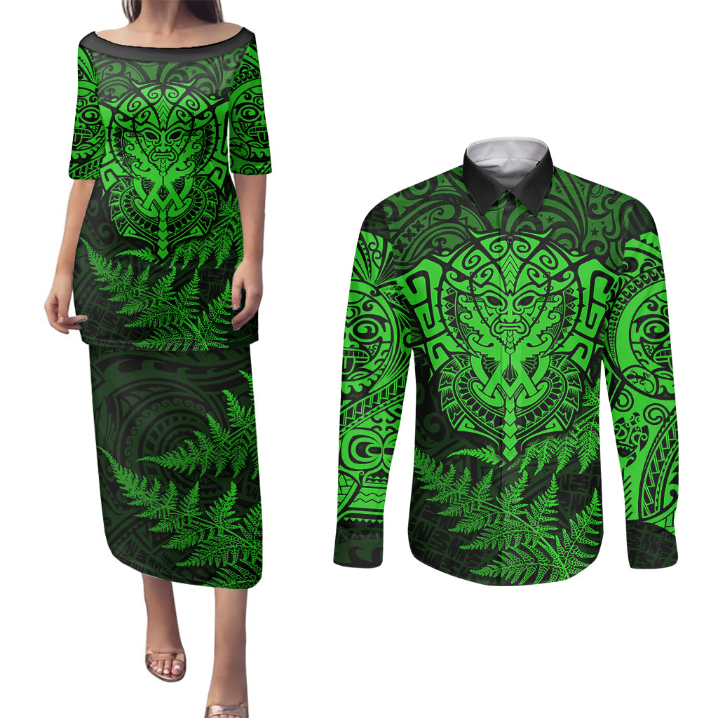 new-zealand-rugby-couples-matching-puletasi-dress-and-long-sleeve-button-shirts-silver-fern-all-black-mix-ta-moko-green-style