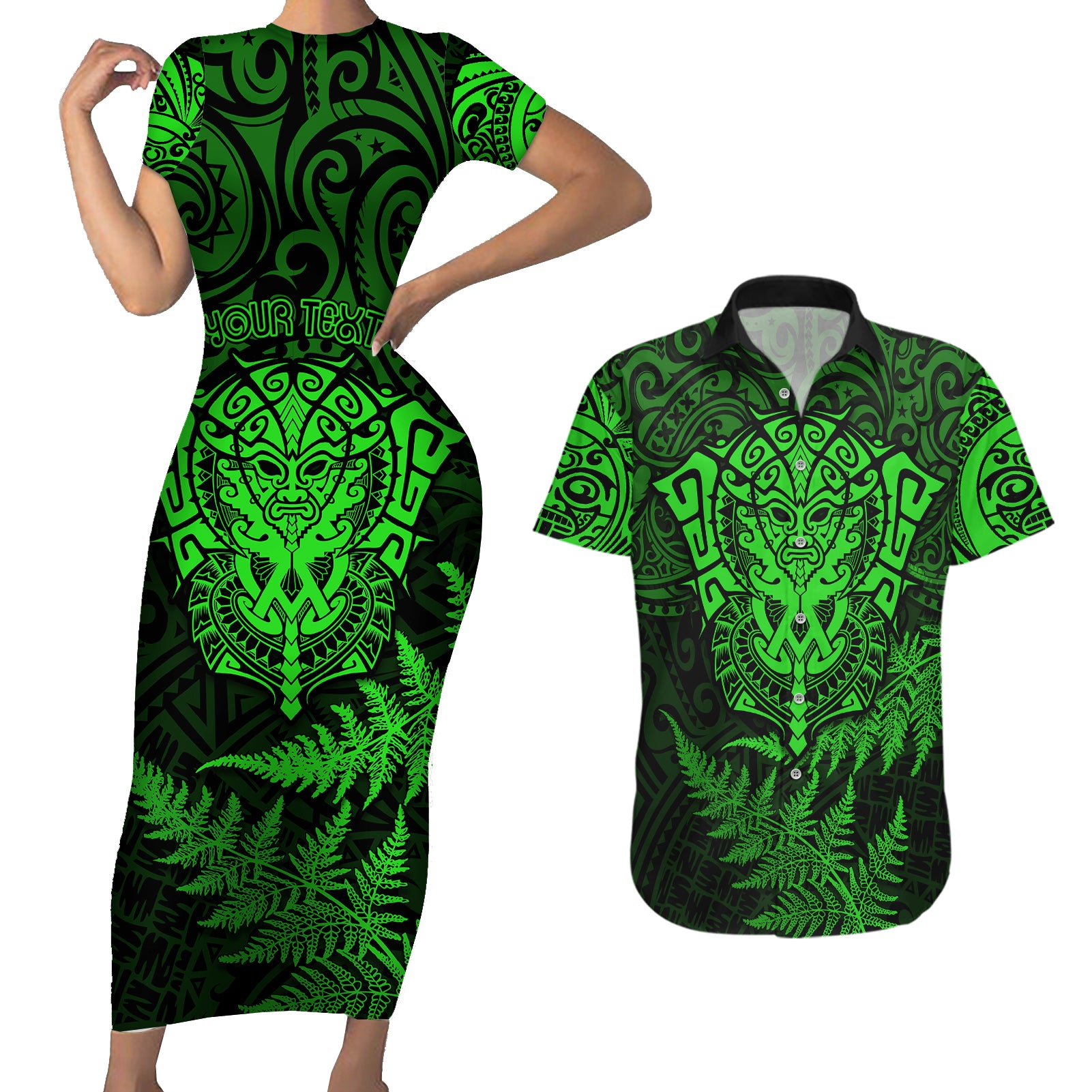 new-zealand-rugby-couples-matching-short-sleeve-bodycon-dress-and-hawaiian-shirt-silver-fern-all-black-mix-ta-moko-green-style