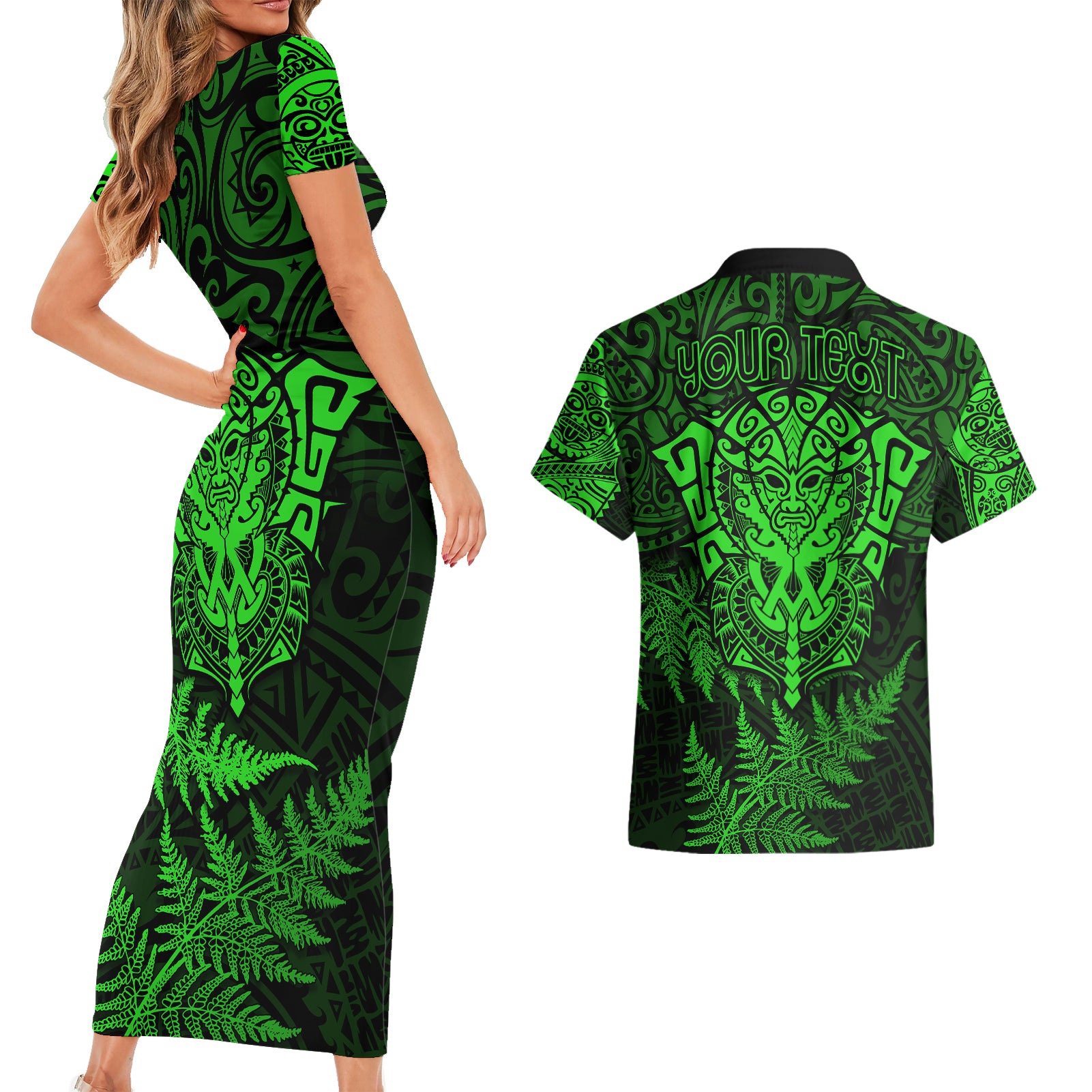 new-zealand-rugby-couples-matching-short-sleeve-bodycon-dress-and-hawaiian-shirt-silver-fern-all-black-mix-ta-moko-green-style