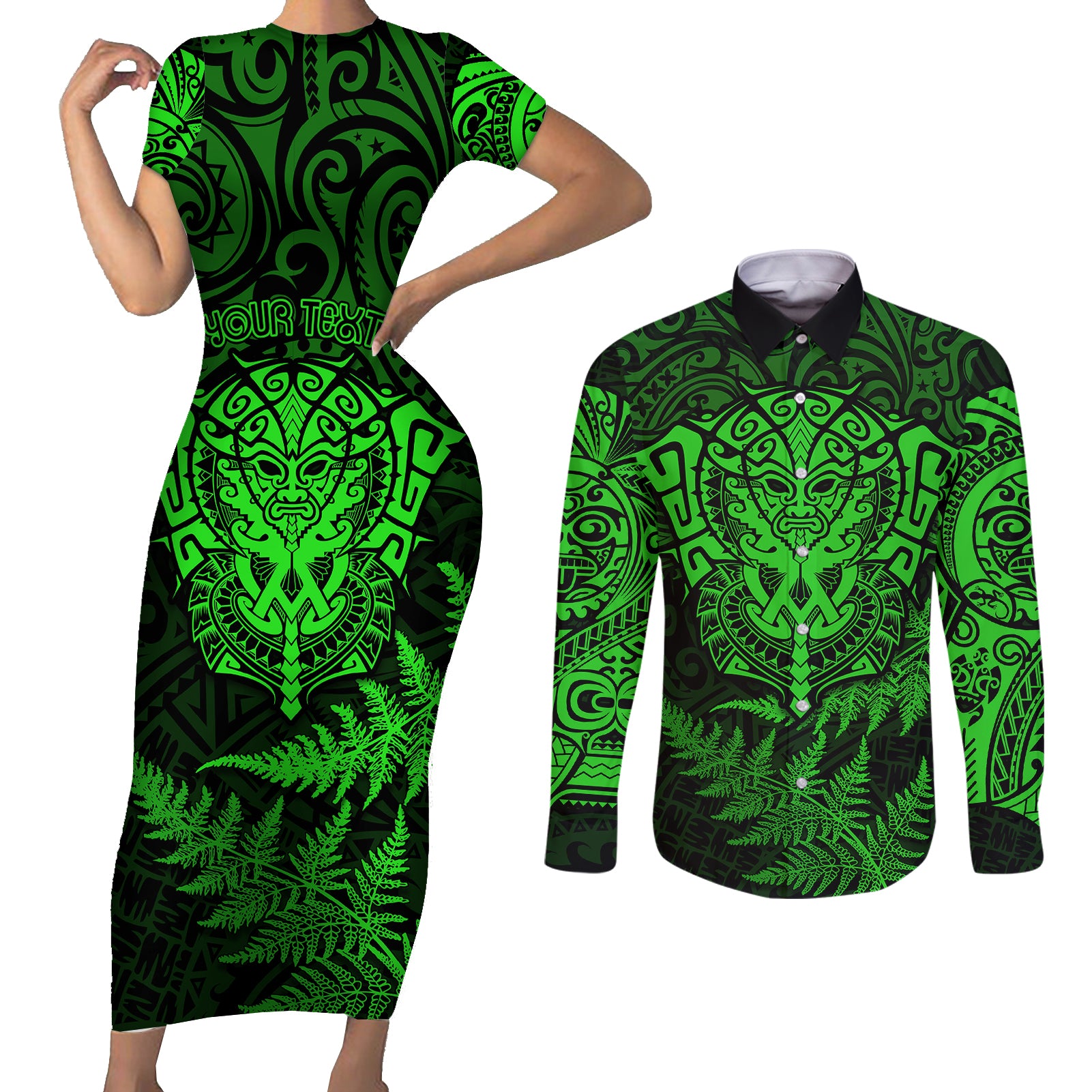 new-zealand-rugby-couples-matching-short-sleeve-bodycon-dress-and-long-sleeve-button-shirts-silver-fern-all-black-mix-ta-moko-green-style