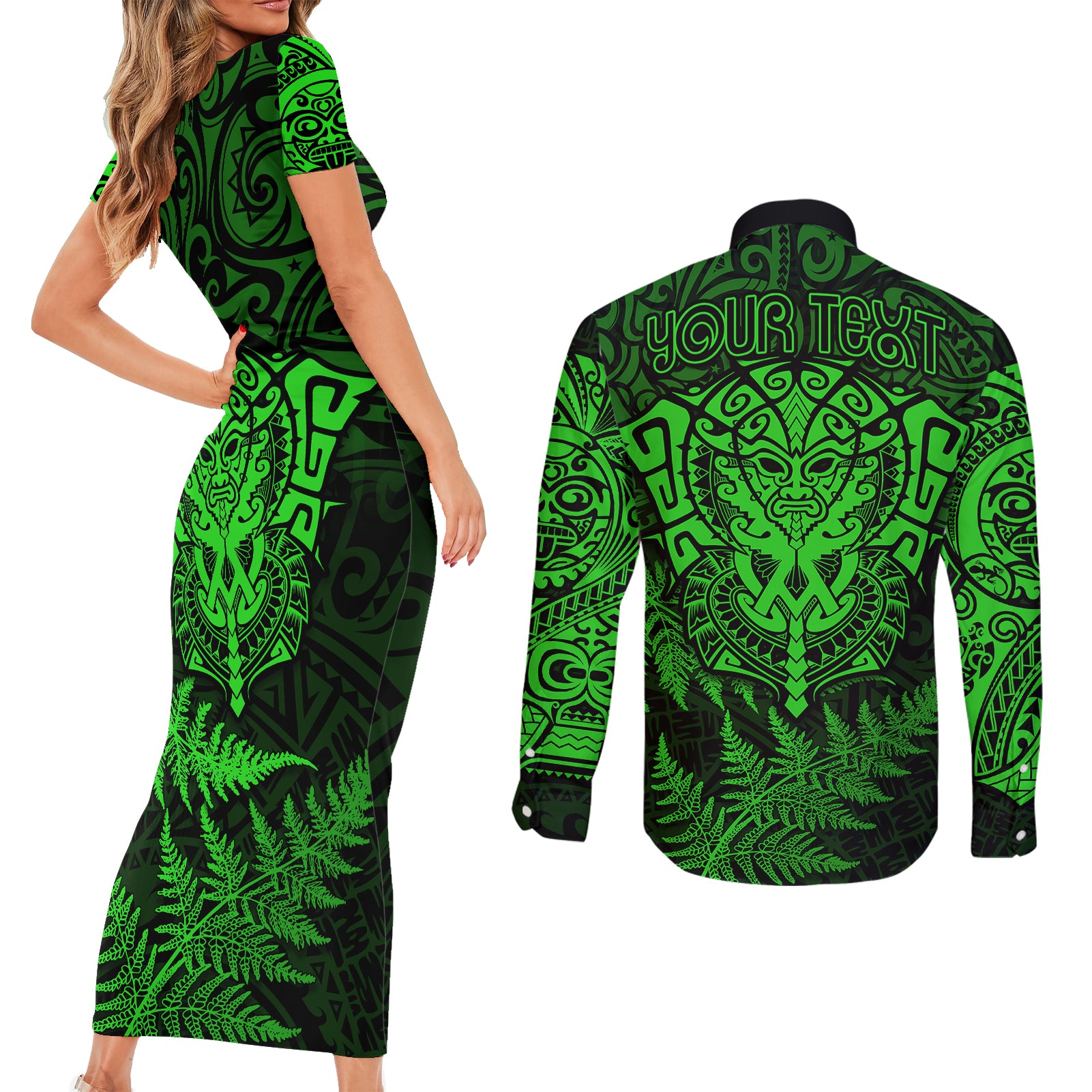 new-zealand-rugby-couples-matching-short-sleeve-bodycon-dress-and-long-sleeve-button-shirts-silver-fern-all-black-mix-ta-moko-green-style