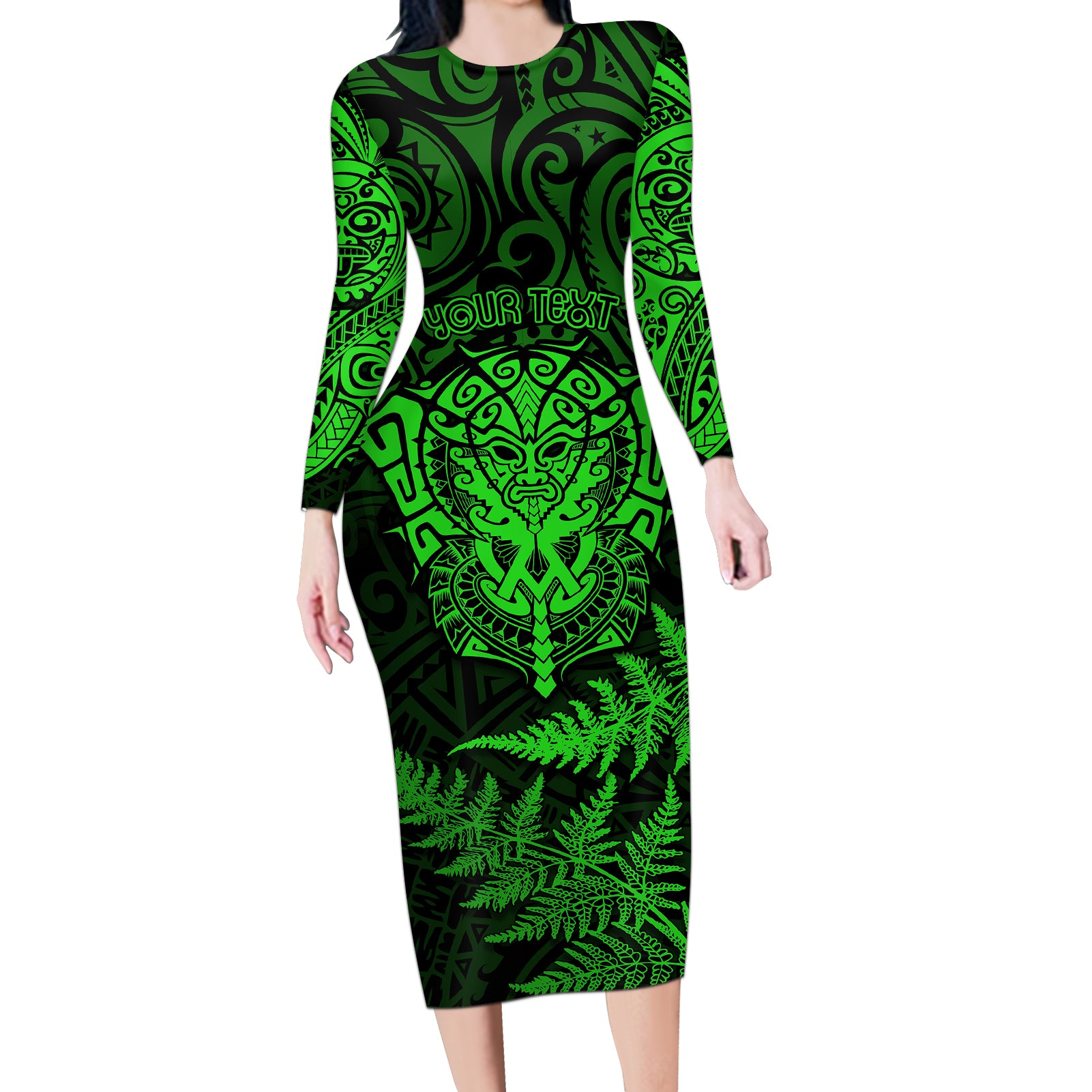 new-zealand-rugby-long-sleeve-bodycon-dress-silver-fern-all-black-mix-ta-moko-green-style