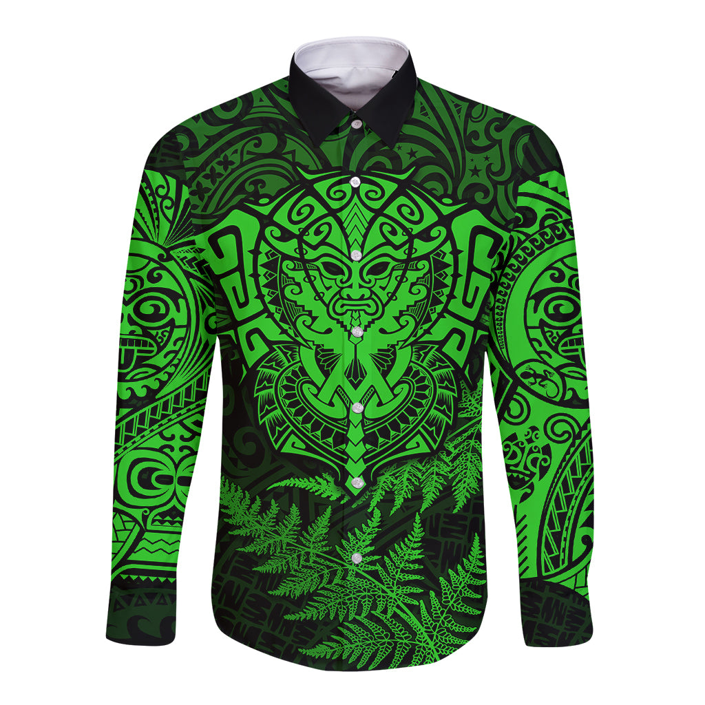 New Zealand Rugby Long Sleeve Button Shirt Silver Fern All Black Mix Ta Moko Green Style - Vibe Hoodie Shop