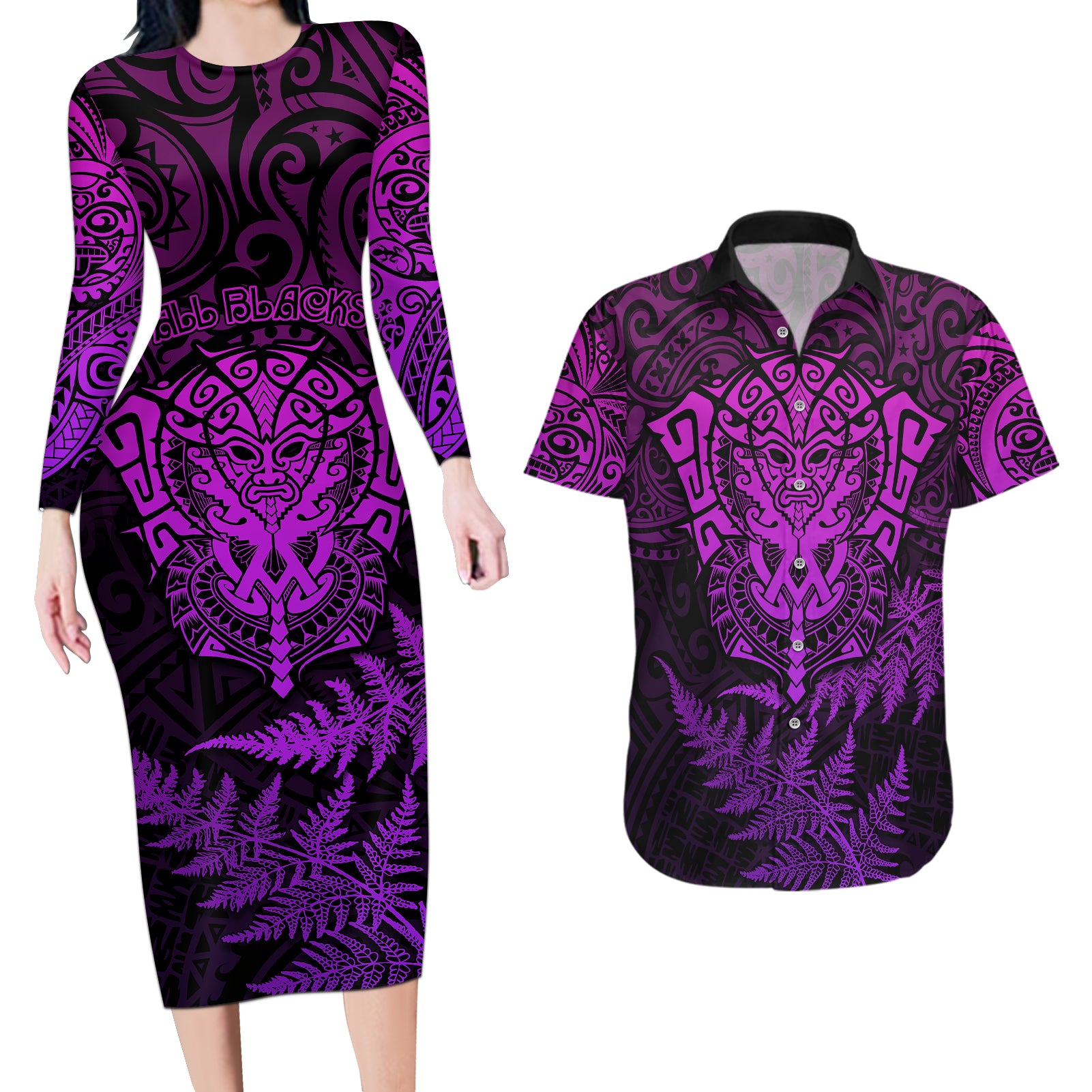 new-zealand-rugby-couples-matching-long-sleeve-bodycon-dress-and-hawaiian-shirt-silver-fern-all-black-mix-ta-moko-purple-style