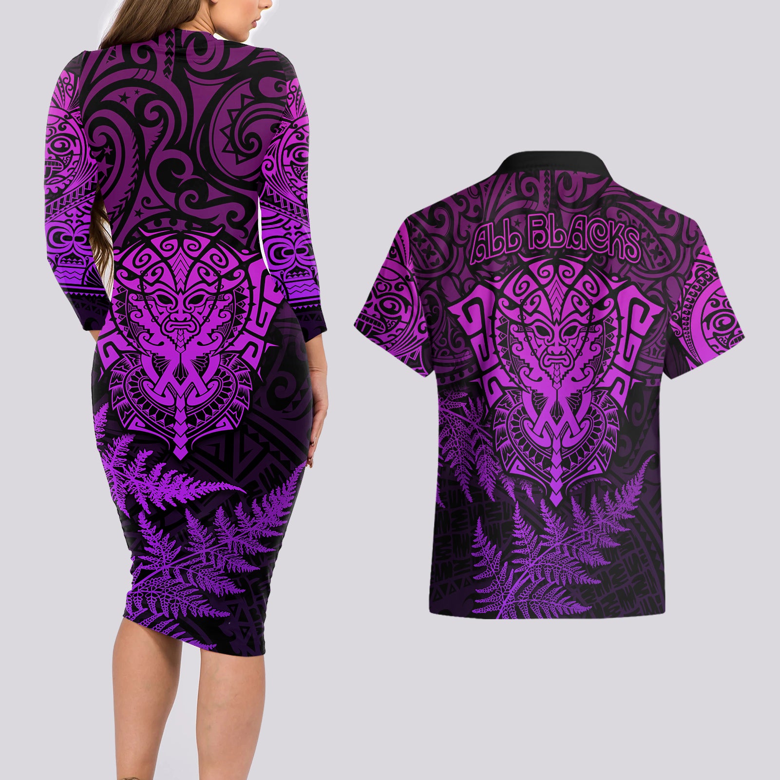 new-zealand-rugby-couples-matching-long-sleeve-bodycon-dress-and-hawaiian-shirt-silver-fern-all-black-mix-ta-moko-purple-style