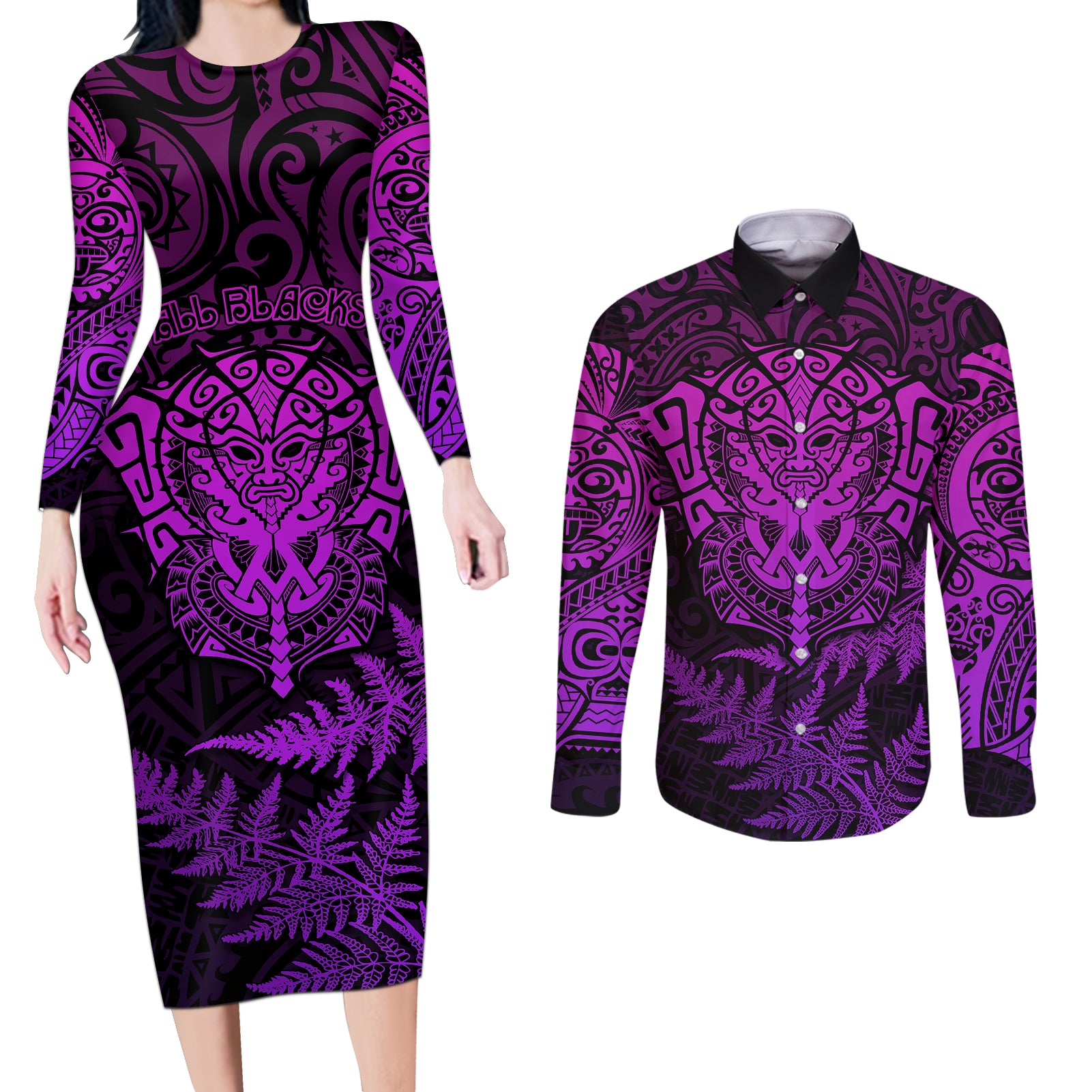 new-zealand-rugby-couples-matching-long-sleeve-bodycon-dress-and-long-sleeve-button-shirts-silver-fern-all-black-mix-ta-moko-purple-style