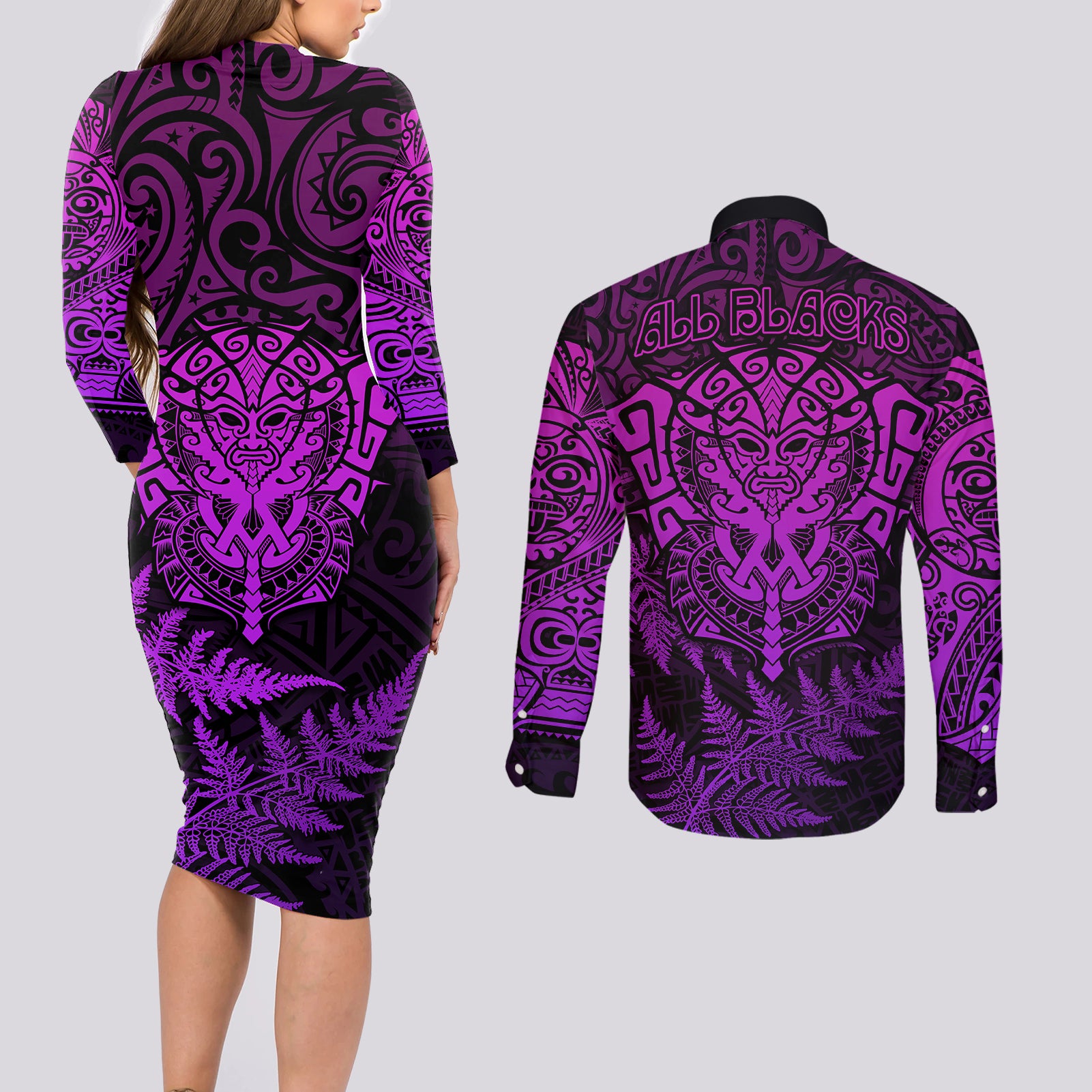 new-zealand-rugby-couples-matching-long-sleeve-bodycon-dress-and-long-sleeve-button-shirts-silver-fern-all-black-mix-ta-moko-purple-style