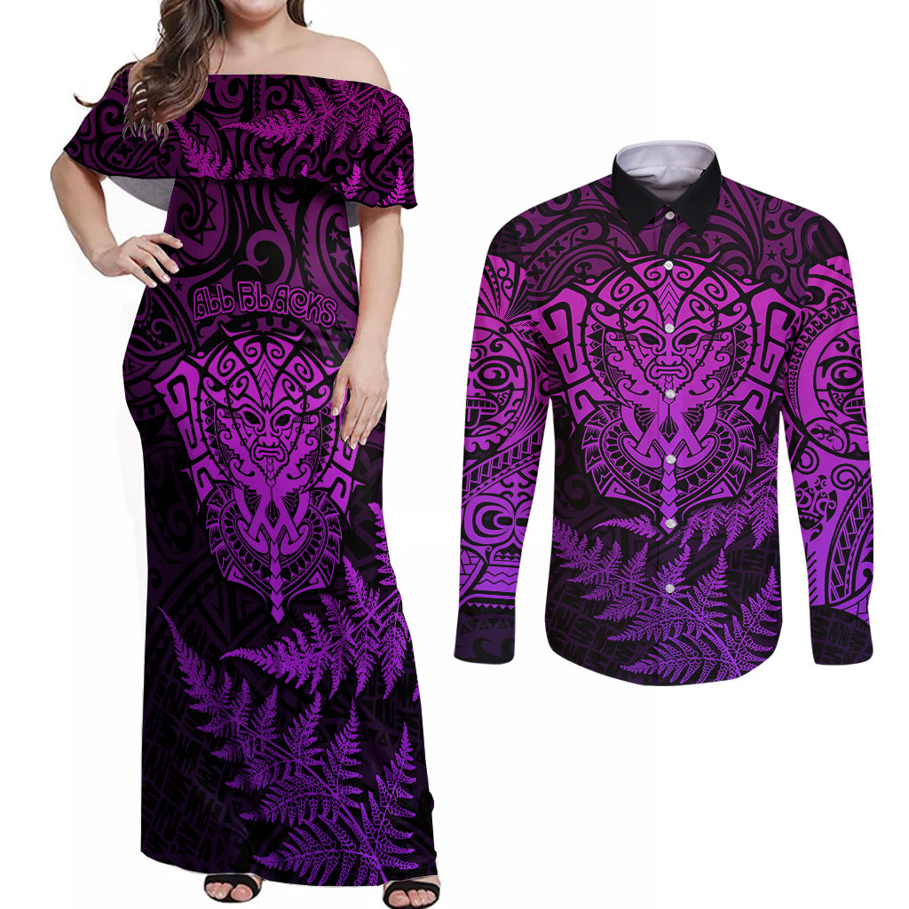 new-zealand-rugby-couples-matching-off-shoulder-maxi-dress-and-long-sleeve-button-shirts-silver-fern-all-black-mix-ta-moko-purple-style