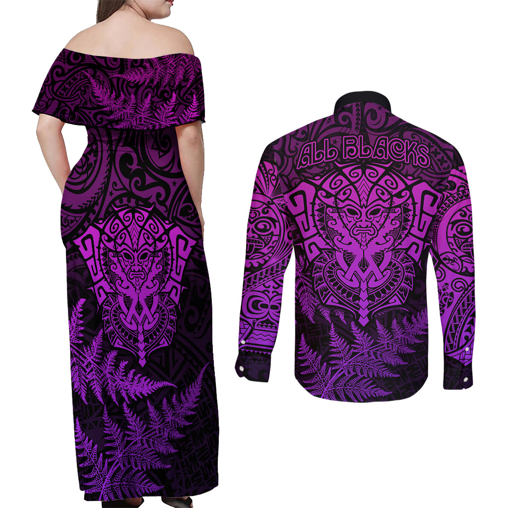 new-zealand-rugby-couples-matching-off-shoulder-maxi-dress-and-long-sleeve-button-shirts-silver-fern-all-black-mix-ta-moko-purple-style