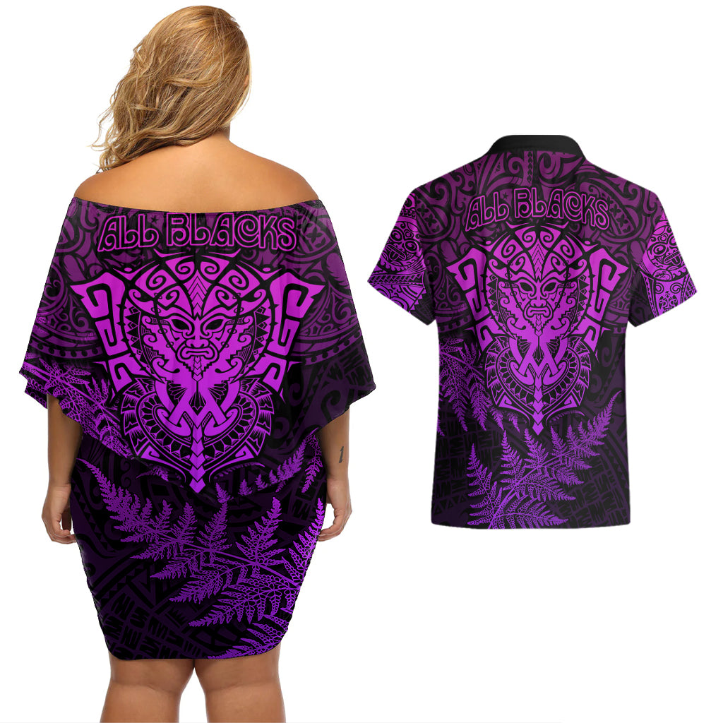 new-zealand-rugby-couples-matching-off-shoulder-short-dress-and-hawaiian-shirt-silver-fern-all-black-mix-ta-moko-purple-style