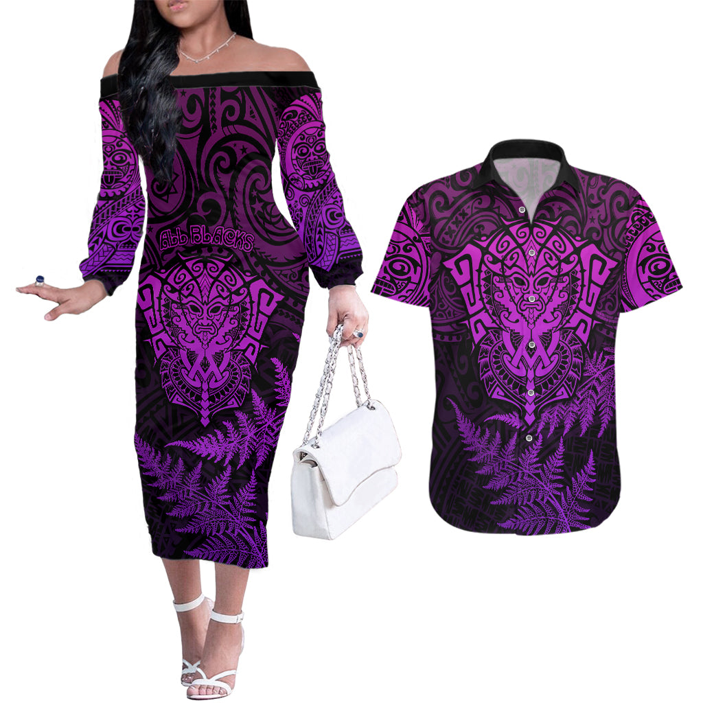 new-zealand-rugby-couples-matching-off-the-shoulder-long-sleeve-dress-and-hawaiian-shirt-silver-fern-all-black-mix-ta-moko-purple-style