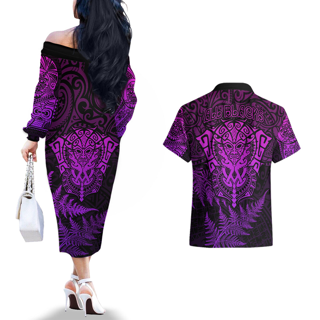 new-zealand-rugby-couples-matching-off-the-shoulder-long-sleeve-dress-and-hawaiian-shirt-silver-fern-all-black-mix-ta-moko-purple-style