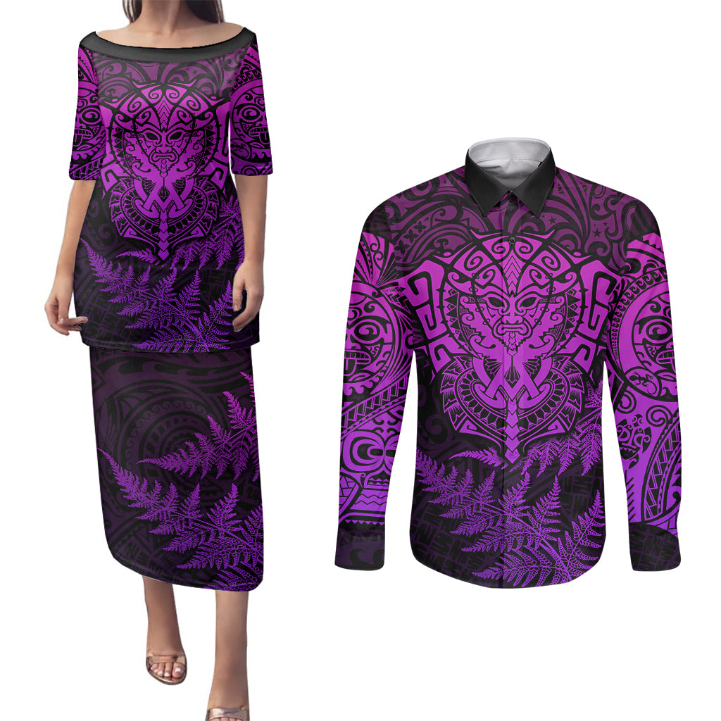 new-zealand-rugby-couples-matching-puletasi-dress-and-long-sleeve-button-shirts-silver-fern-all-black-mix-ta-moko-purple-style