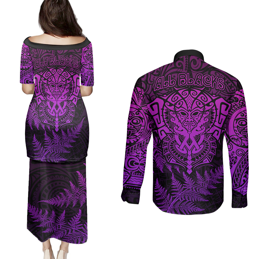 new-zealand-rugby-couples-matching-puletasi-dress-and-long-sleeve-button-shirts-silver-fern-all-black-mix-ta-moko-purple-style