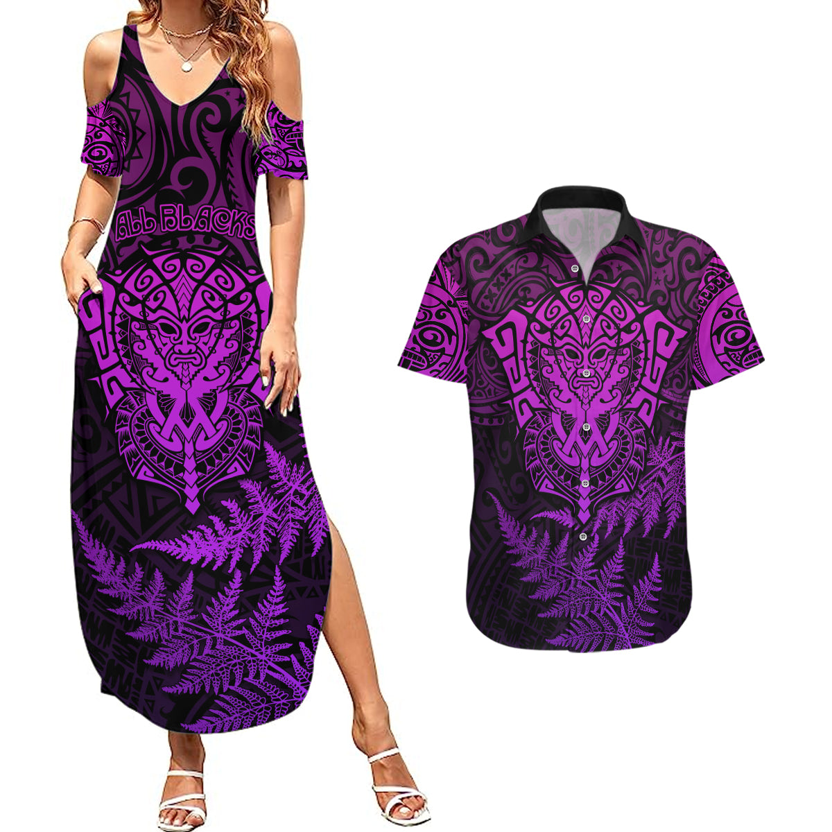 new-zealand-rugby-couples-matching-summer-maxi-dress-and-hawaiian-shirt-silver-fern-all-black-mix-ta-moko-purple-style