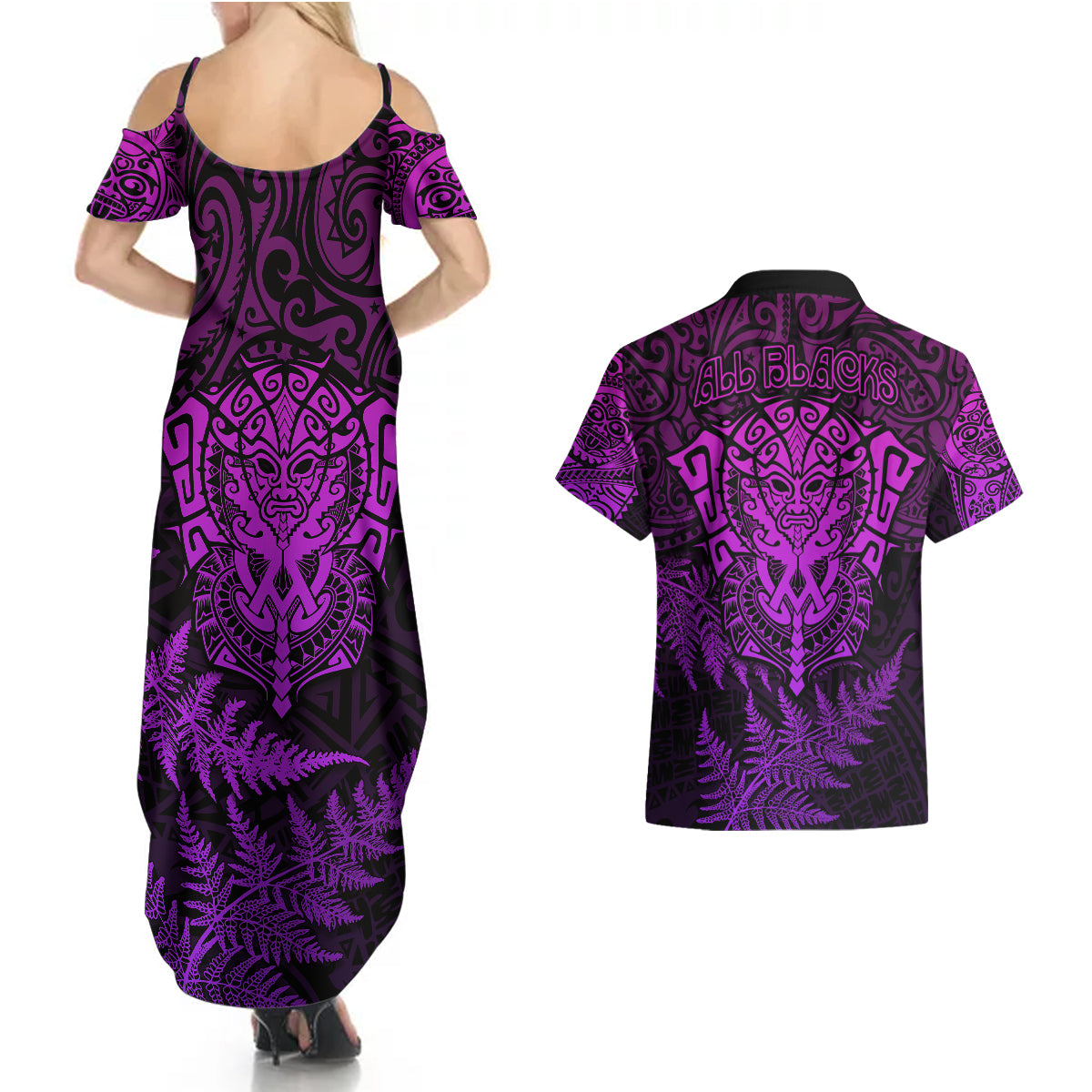 new-zealand-rugby-couples-matching-summer-maxi-dress-and-hawaiian-shirt-silver-fern-all-black-mix-ta-moko-purple-style
