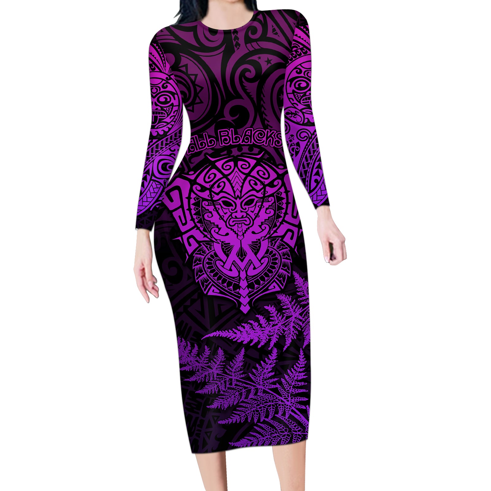 new-zealand-rugby-long-sleeve-bodycon-dress-silver-fern-all-black-mix-ta-moko-purple-style