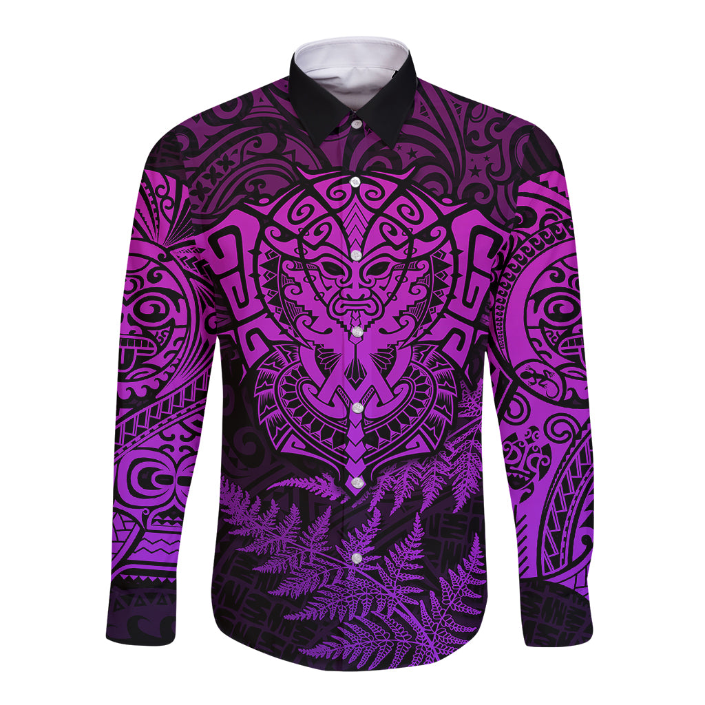 New Zealand Rugby Long Sleeve Button Shirt Silver Fern All Black Mix Ta Moko Purple Style - Vibe Hoodie Shop