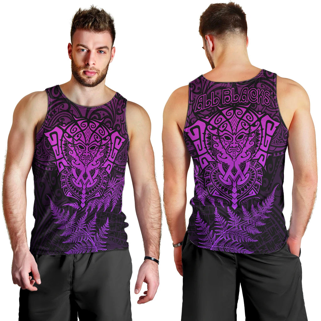 New Zealand Rugby Men Tank Top Silver Fern All Black Mix Ta Moko Purple Style - Vibe Hoodie Shop