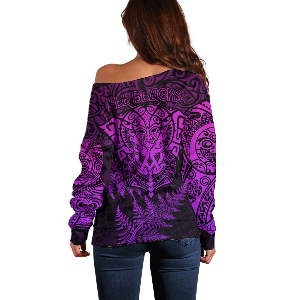New Zealand Rugby Off Shoulder Sweater Silver Fern All Black Mix Ta Moko Purple Style - Vibe Hoodie Shop