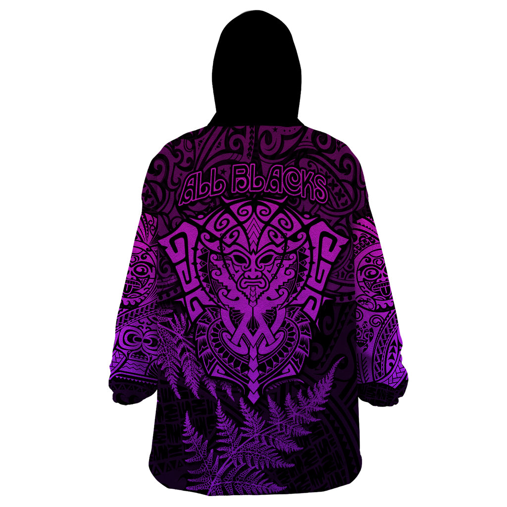 New Zealand Rugby Wearable Blanket Hoodie Silver Fern All Black Mix Ta Moko Purple Style - Vibe Hoodie Shop