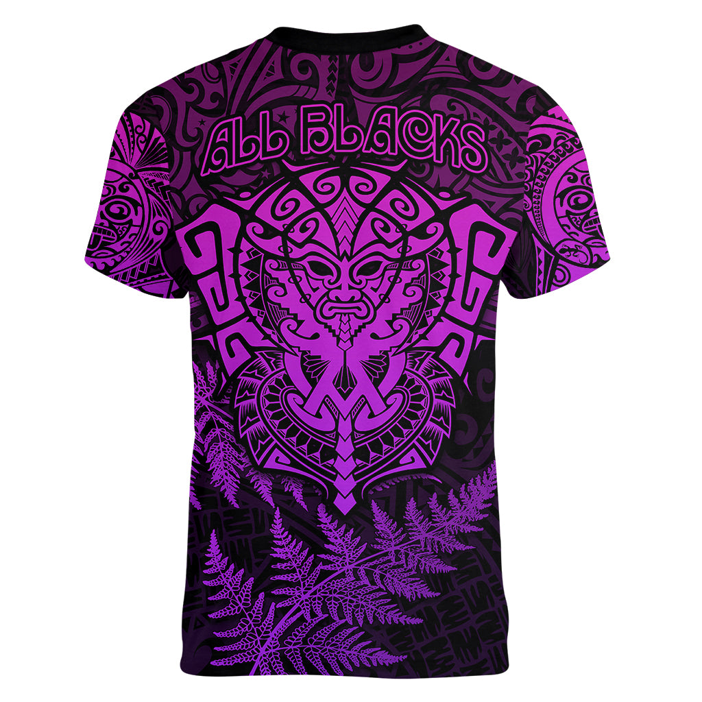 New Zealand Rugby Women V Neck T Shirt Silver Fern All Black Mix Ta Moko Purple Style - Vibe Hoodie Shop