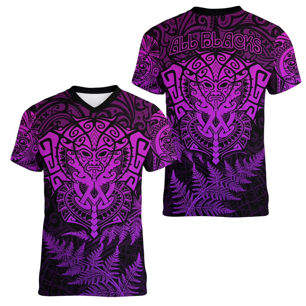 New Zealand Rugby Women V Neck T Shirt Silver Fern All Black Mix Ta Moko Purple Style - Vibe Hoodie Shop