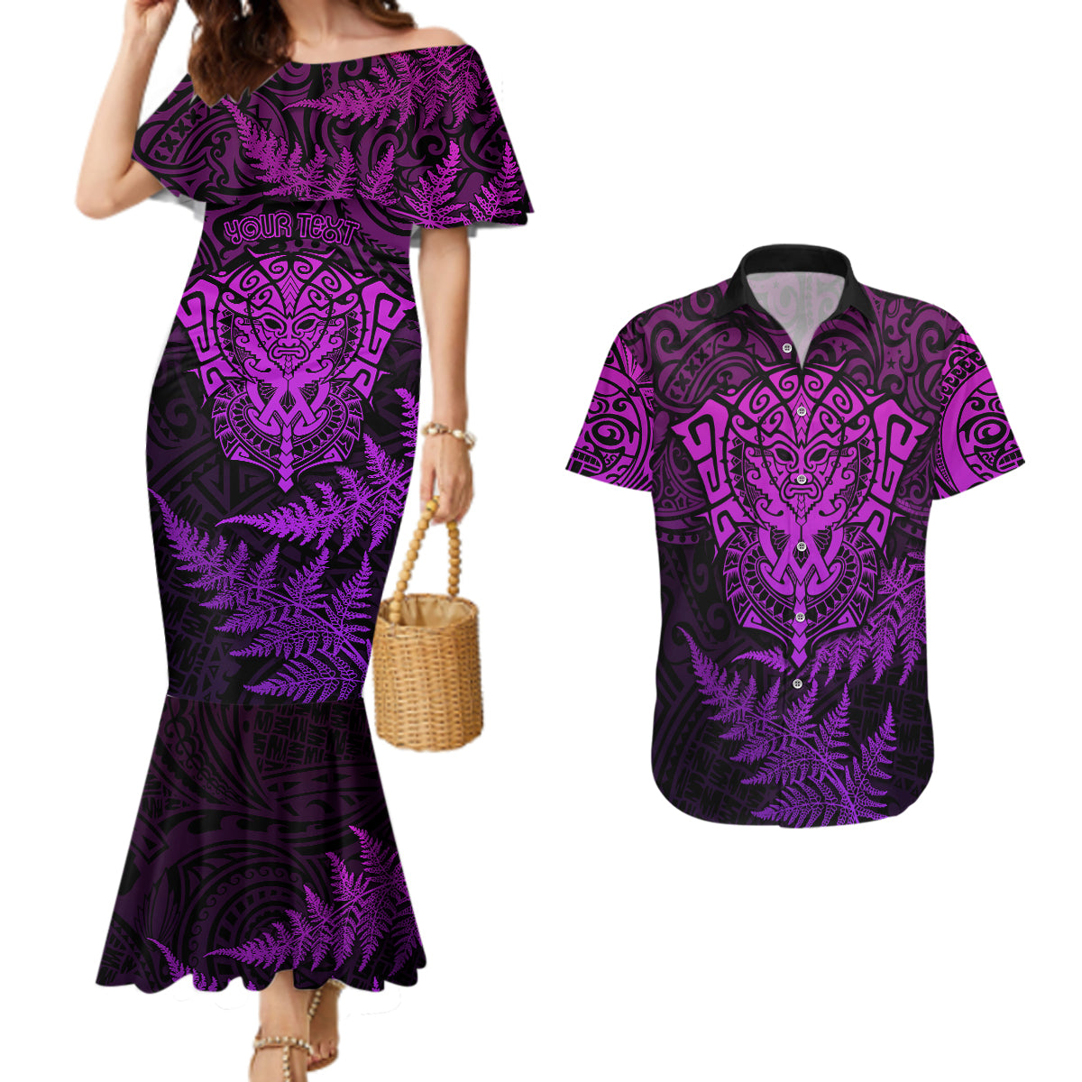 personalised-new-zealand-rugby-couples-matching-mermaid-dress-and-hawaiian-shirt-silver-fern-all-black-mix-ta-moko-purple-style