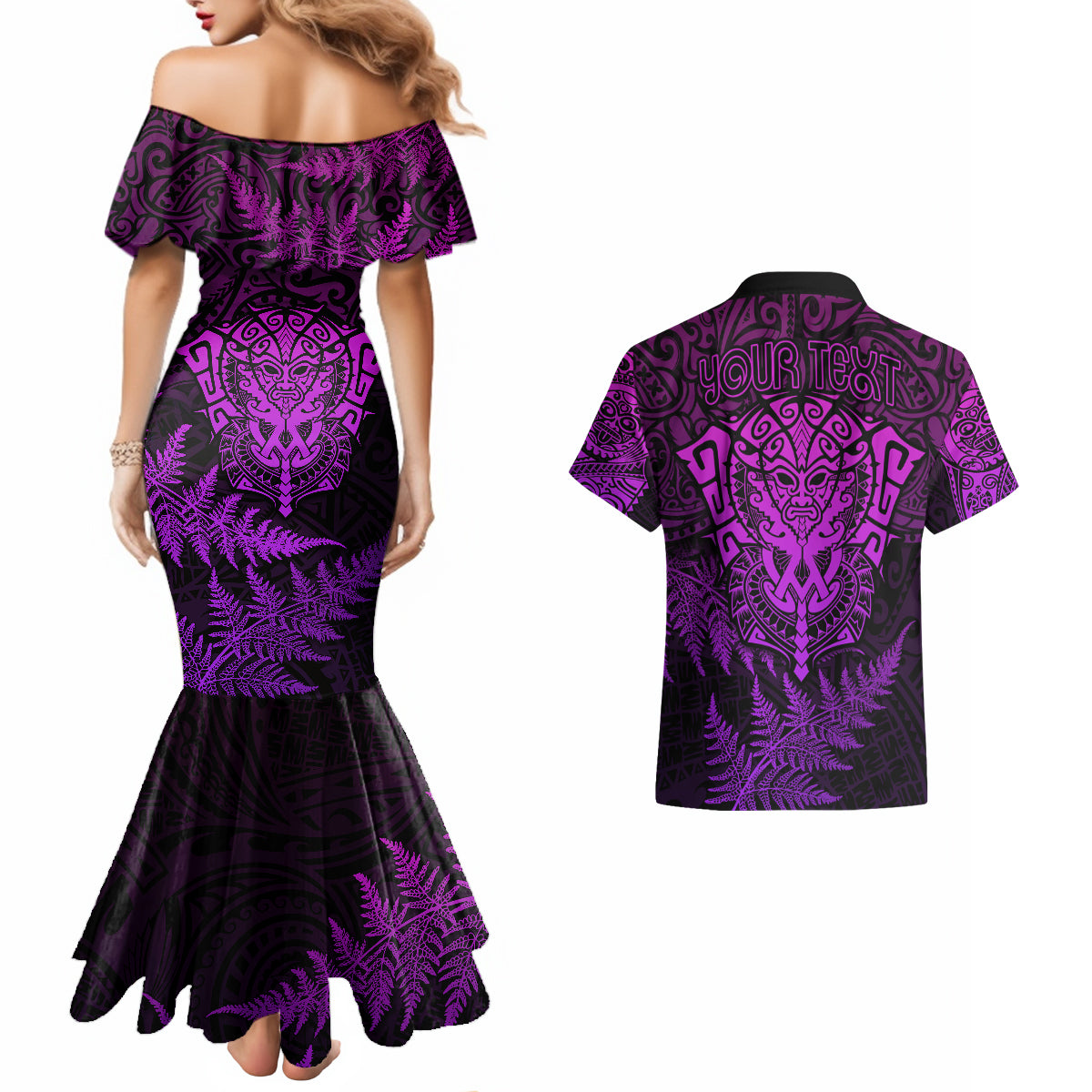 personalised-new-zealand-rugby-couples-matching-mermaid-dress-and-hawaiian-shirt-silver-fern-all-black-mix-ta-moko-purple-style