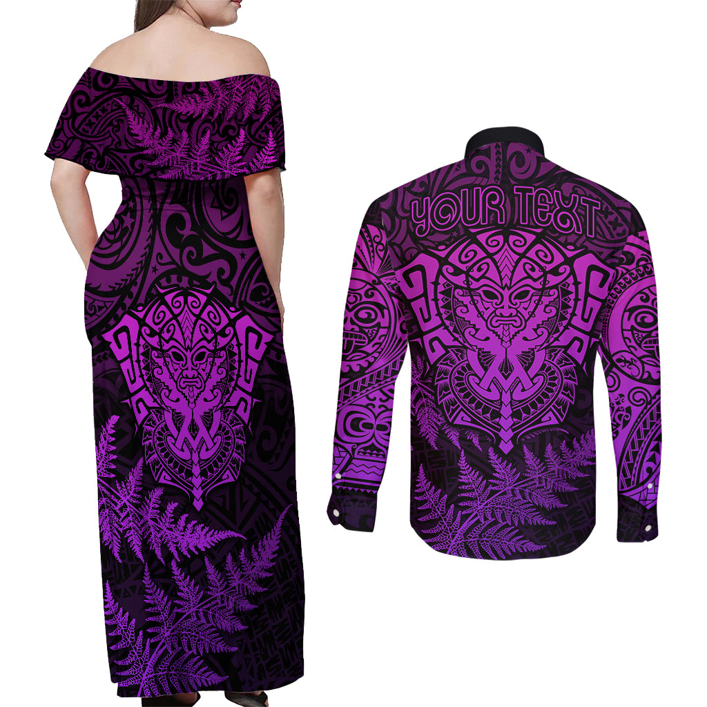 personalised-new-zealand-rugby-couples-matching-off-shoulder-maxi-dress-and-long-sleeve-button-shirts-silver-fern-all-black-mix-ta-moko-purple-style