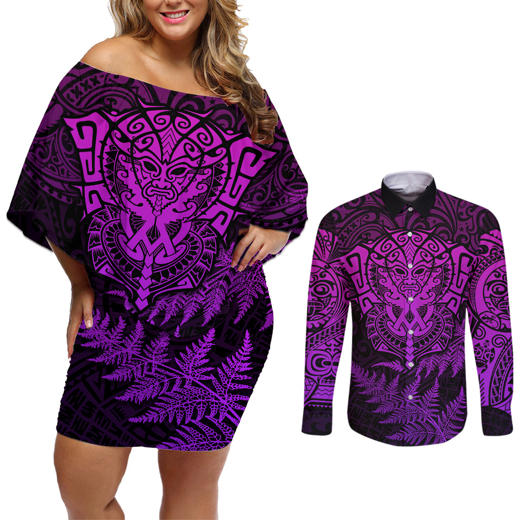 personalised-new-zealand-rugby-couples-matching-off-shoulder-short-dress-and-long-sleeve-button-shirts-silver-fern-all-black-mix-ta-moko-purple-style