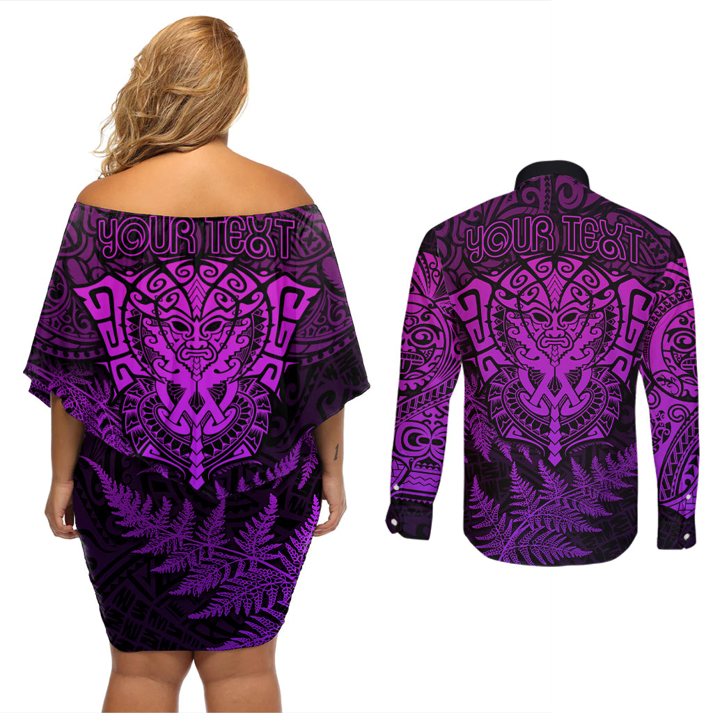 personalised-new-zealand-rugby-couples-matching-off-shoulder-short-dress-and-long-sleeve-button-shirts-silver-fern-all-black-mix-ta-moko-purple-style
