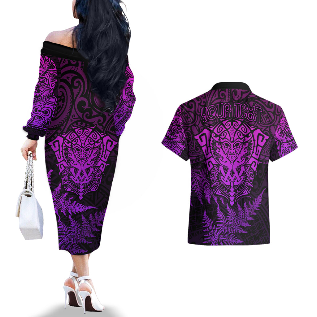 personalised-new-zealand-rugby-couples-matching-off-the-shoulder-long-sleeve-dress-and-hawaiian-shirt-silver-fern-all-black-mix-ta-moko-purple-style
