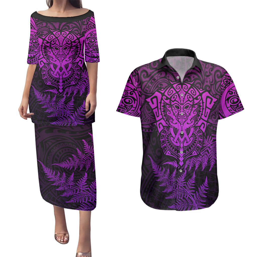 personalised-new-zealand-rugby-couples-matching-puletasi-dress-and-hawaiian-shirt-silver-fern-all-black-mix-ta-moko-purple-style