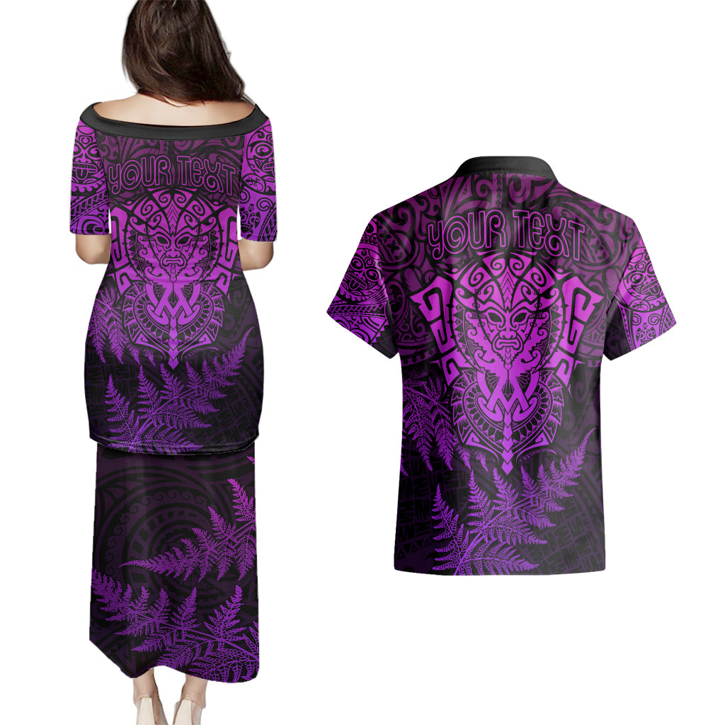 personalised-new-zealand-rugby-couples-matching-puletasi-dress-and-hawaiian-shirt-silver-fern-all-black-mix-ta-moko-purple-style