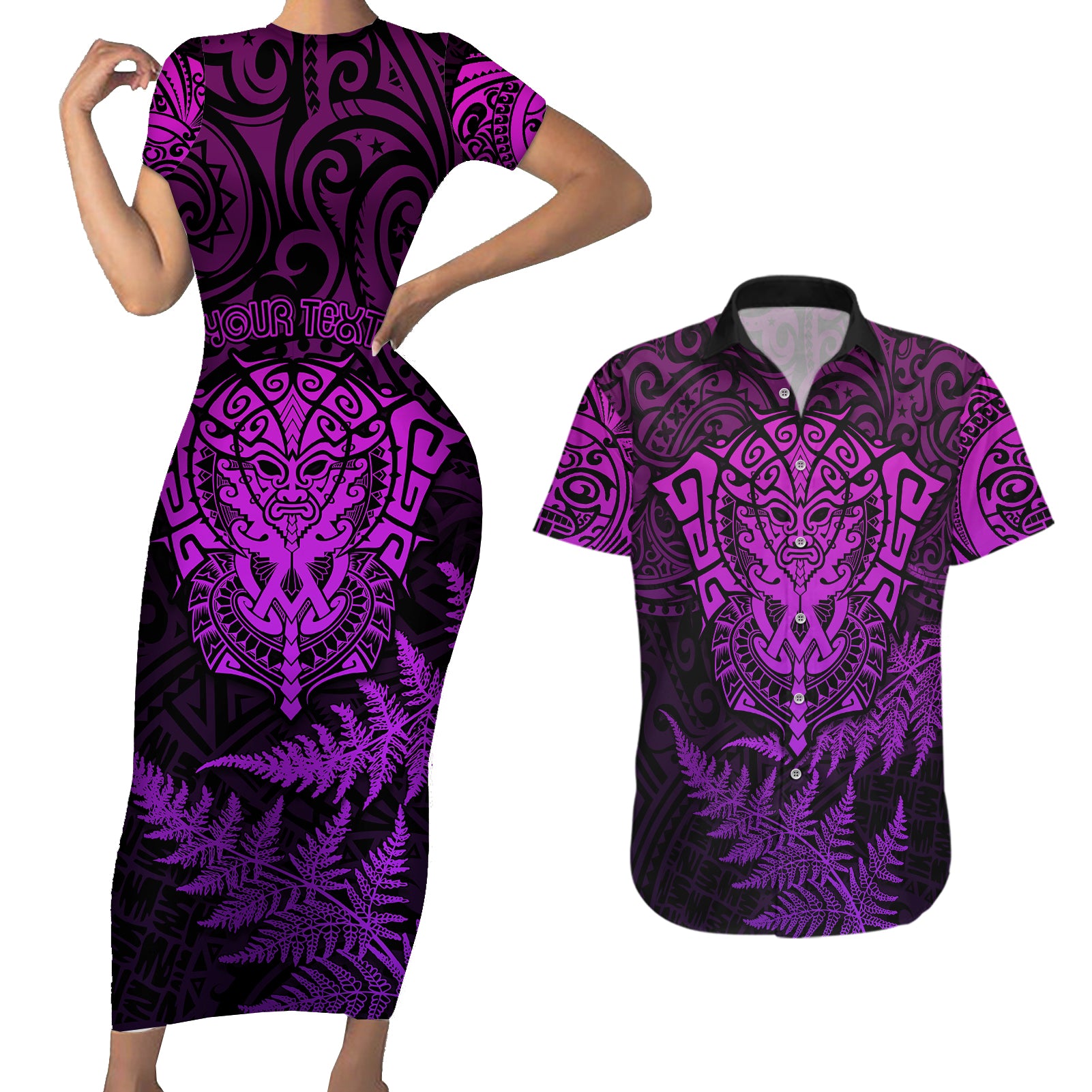personalised-new-zealand-rugby-couples-matching-short-sleeve-bodycon-dress-and-hawaiian-shirt-silver-fern-all-black-mix-ta-moko-purple-style