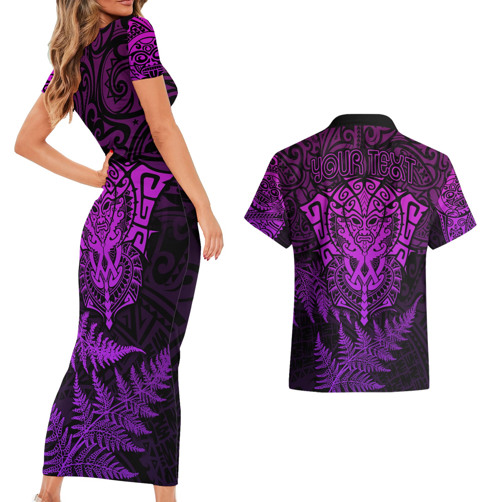 personalised-new-zealand-rugby-couples-matching-short-sleeve-bodycon-dress-and-hawaiian-shirt-silver-fern-all-black-mix-ta-moko-purple-style