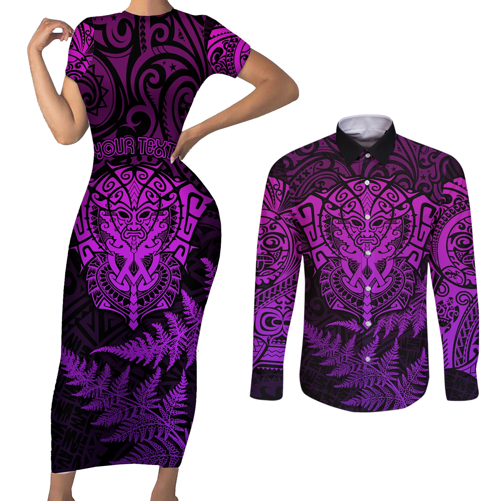 personalised-new-zealand-rugby-couples-matching-short-sleeve-bodycon-dress-and-long-sleeve-button-shirts-silver-fern-all-black-mix-ta-moko-purple-style